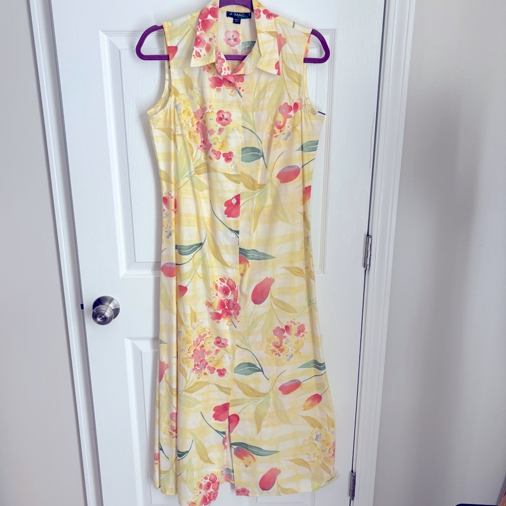VTG J. Mac Butter Yellow Sleeveless Button up Floral Maxi Shirt Dress Size 10‎